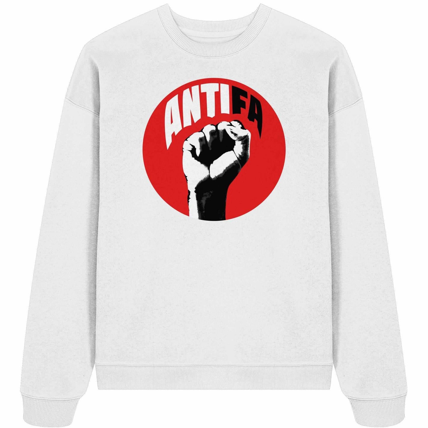 Vegan und Bio Oversized Sweatshirt: Antifa - Kampf gegen Rechts, zeigt eine erhobene Faust im roten Kreis, symbolisiert Widerstand und wird aus 100% Bio-Baumwolle gefertigt.