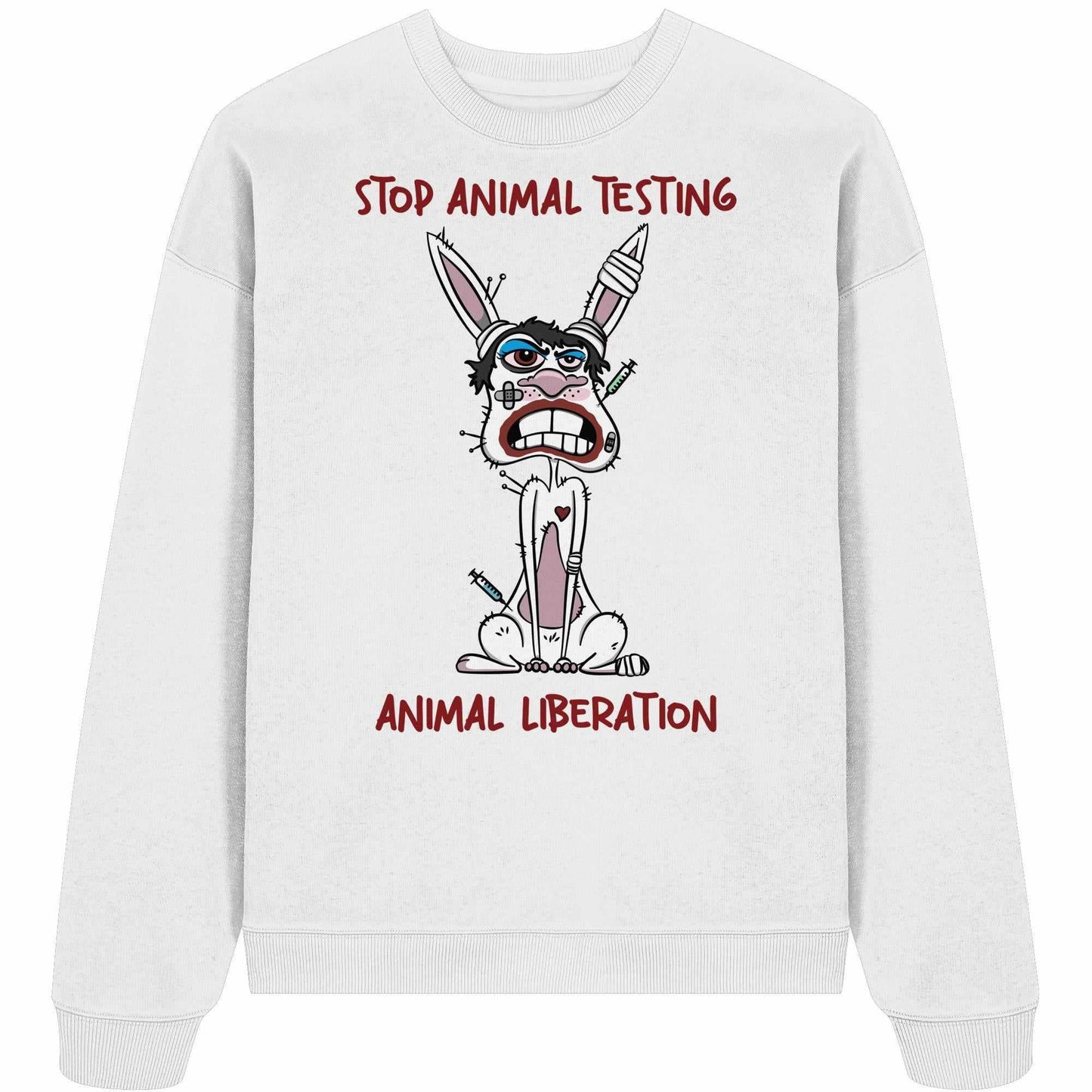 Vegan und Bio Oversized Sweatshirt mit Cartoon-Hase und Spritze, thematisiert Tierversuchsstop. Hergestellt aus 100% Bio-Baumwolle.