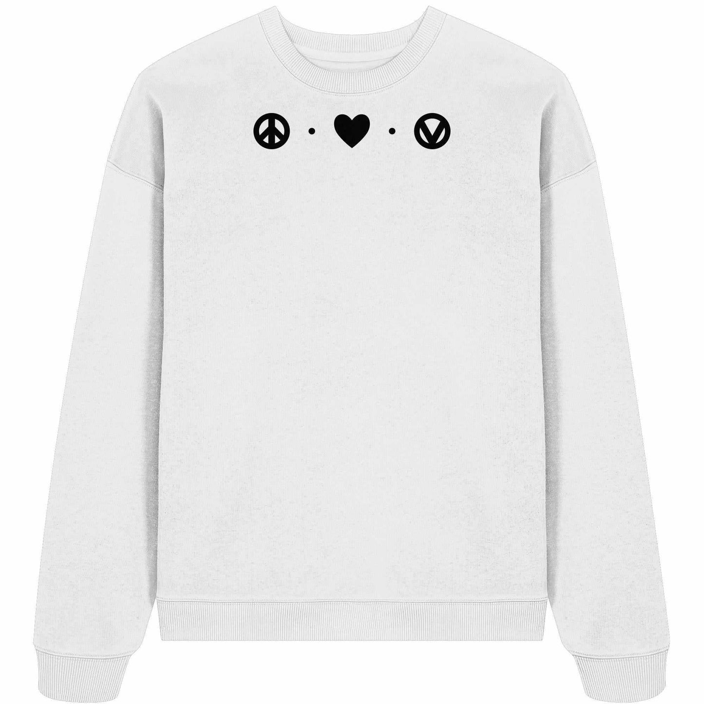 Vegan und Bio Oversized Sweatshirt mit schwarzem Herz und Peace-Zeichen, aus 100% Bio-Baumwolle, symbolisiert Frieden, Liebe und Veganismus im minimalistischen Stil.