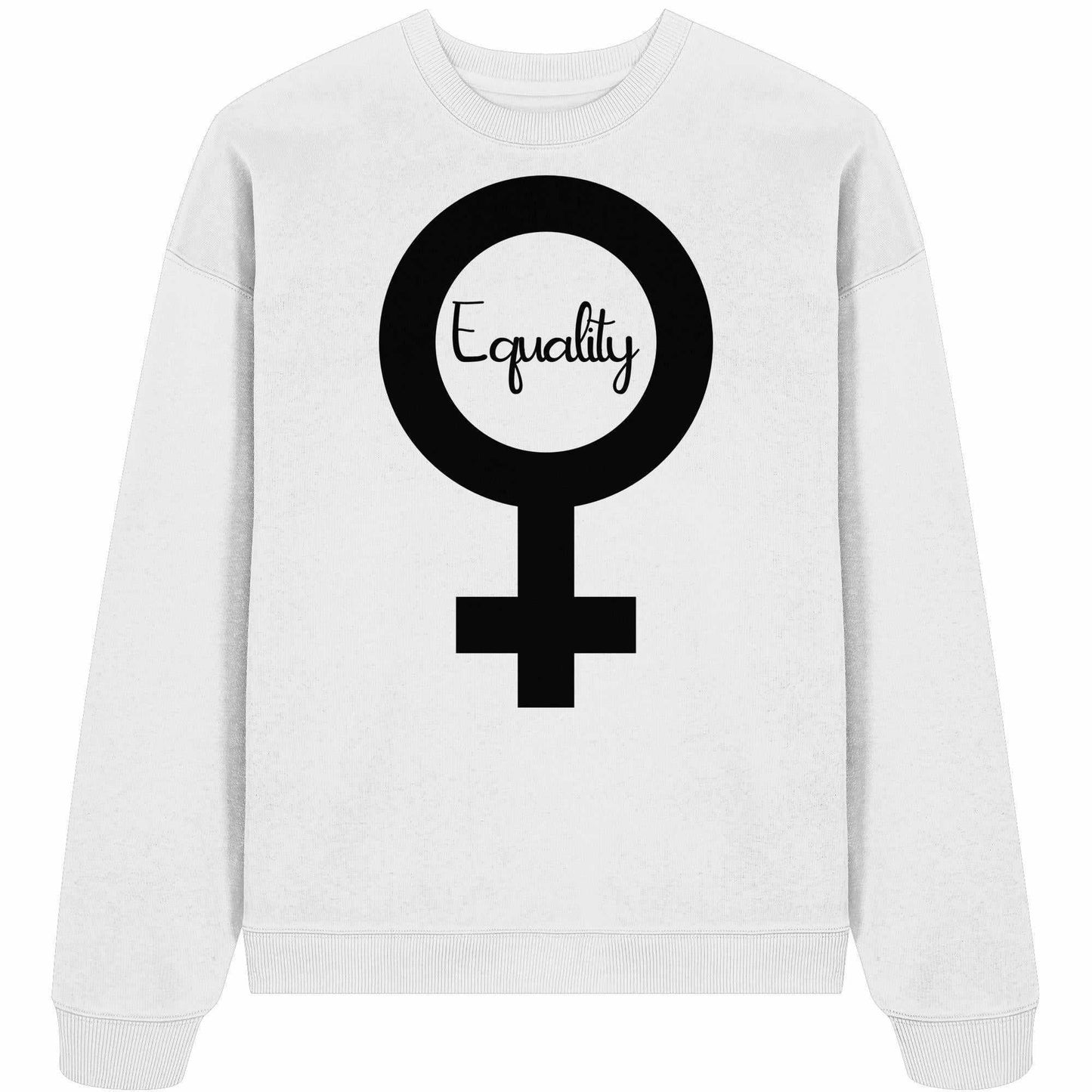 Vegan und Bio Oversized Sweatshirt mit schwarzem Symbol und Equality-Schriftzug, aus 100% Bio-Baumwolle, thematisiert Feminismus und Gleichberechtigung.
