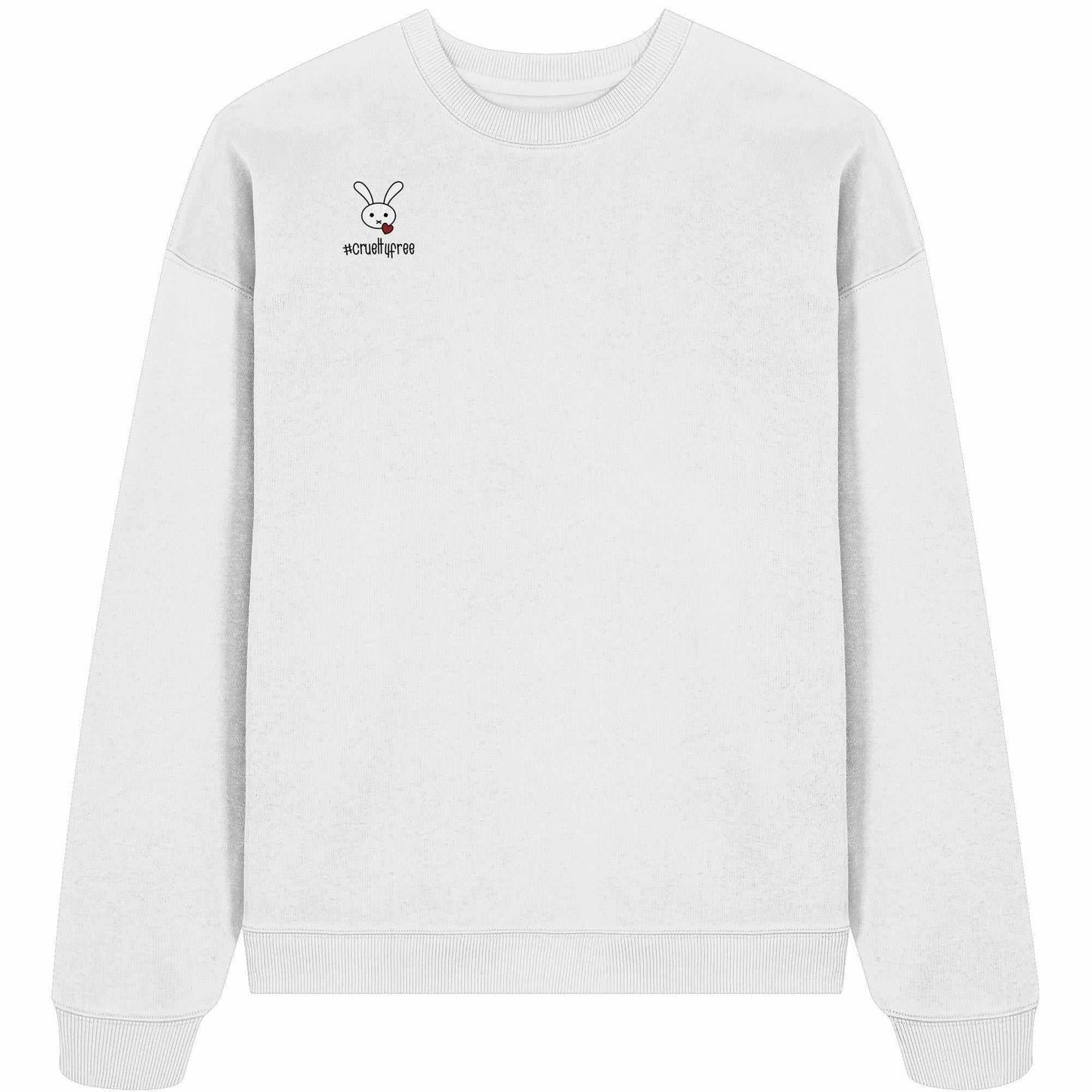 Vegan und Bio Oversized Sweatshirt: Crueltyfree Bunny, weiß mit Häschenmotiv, aus 100% Bio-Baumwolle, Oversized Fit, von RUDE REBEL, nachhaltige, tierfreundliche Mode.