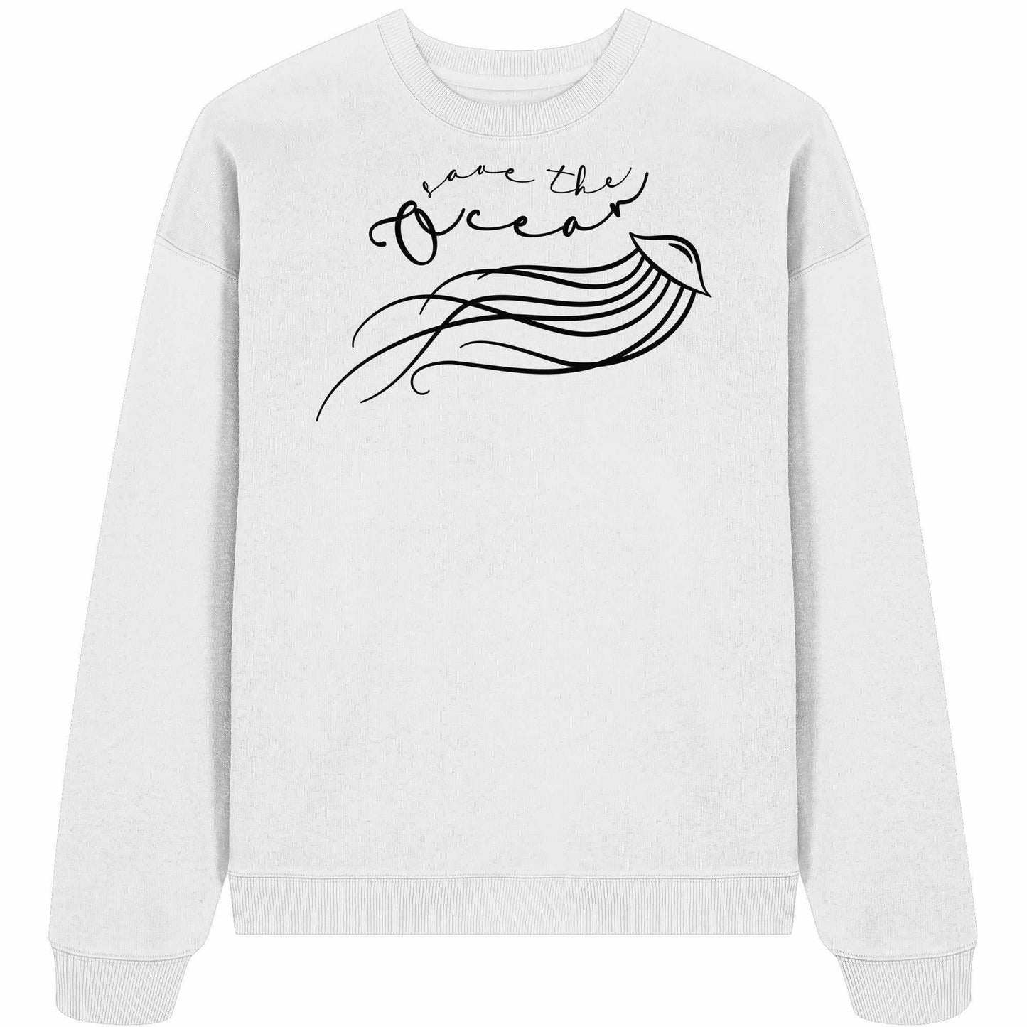 Vegan und Bio Oversized Sweatshirt mit Quallen-Design und Save the Ocean-Aufruf aus 100% Bio-Baumwolle.