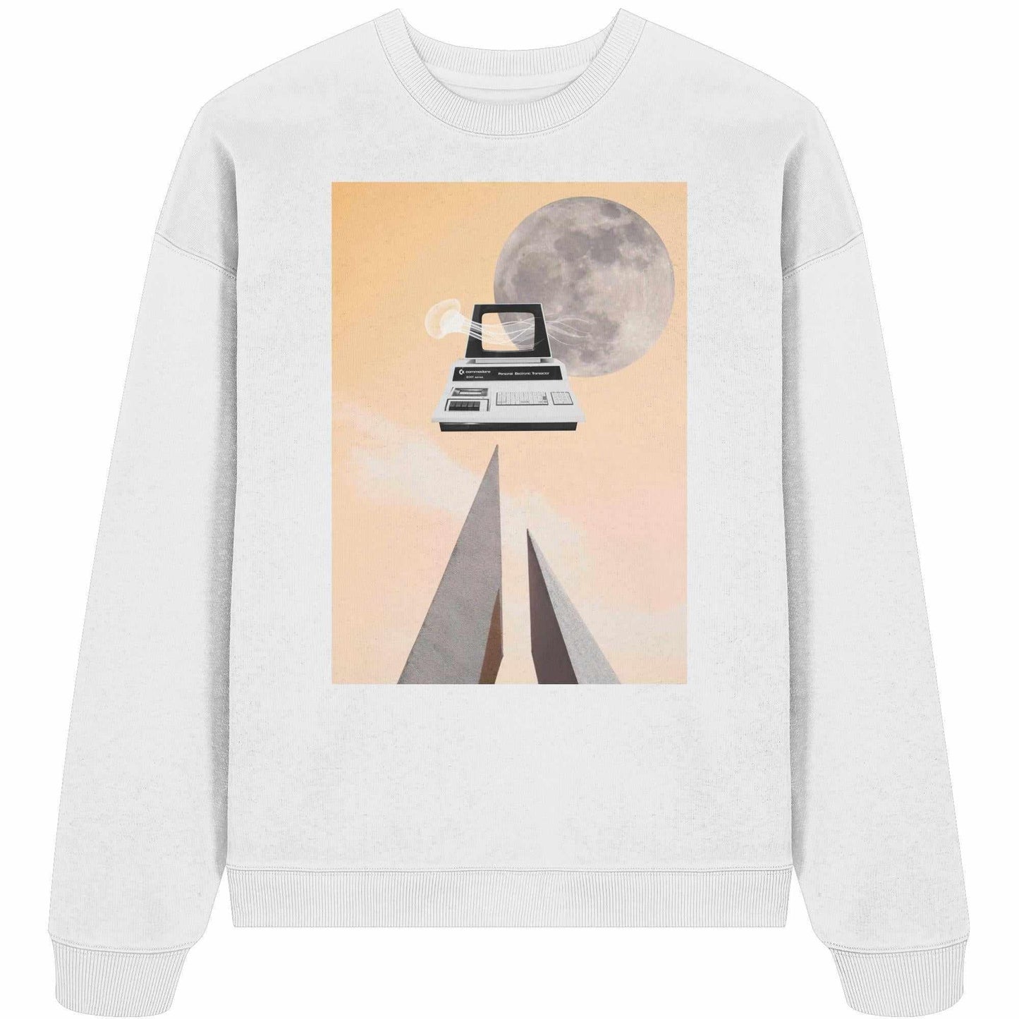 Vegan und Bio Oversized Sweatshirt Retro Nerd mit Typwriter und Mond-Motiv, 100% Bio-Baumwolle, rebellisches Design für Retro-Fans.