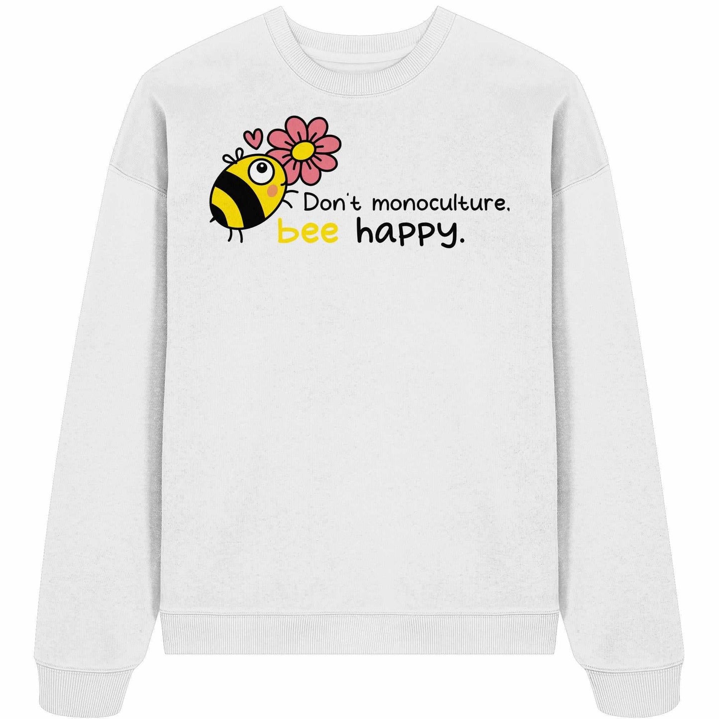Vegan und Bio Oversized Sweatshirt mit einem Cartoon-Biene, die eine Blume hält, auf weißem Stoff. Nachhaltiges Design von RUDE REBEL aus 100% Bio-Baumwolle.