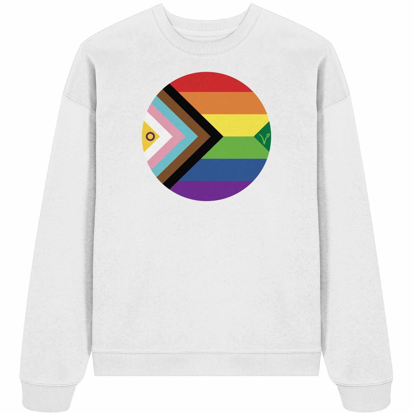 Vegan und Bio Oversized Sweatshirt mit LGBTQAI+ Veganismus-Design, featuring Regenbogenkreis und Logo, aus 100% Bio-Baumwolle, repräsentiert Freiheit und Tierrechte.