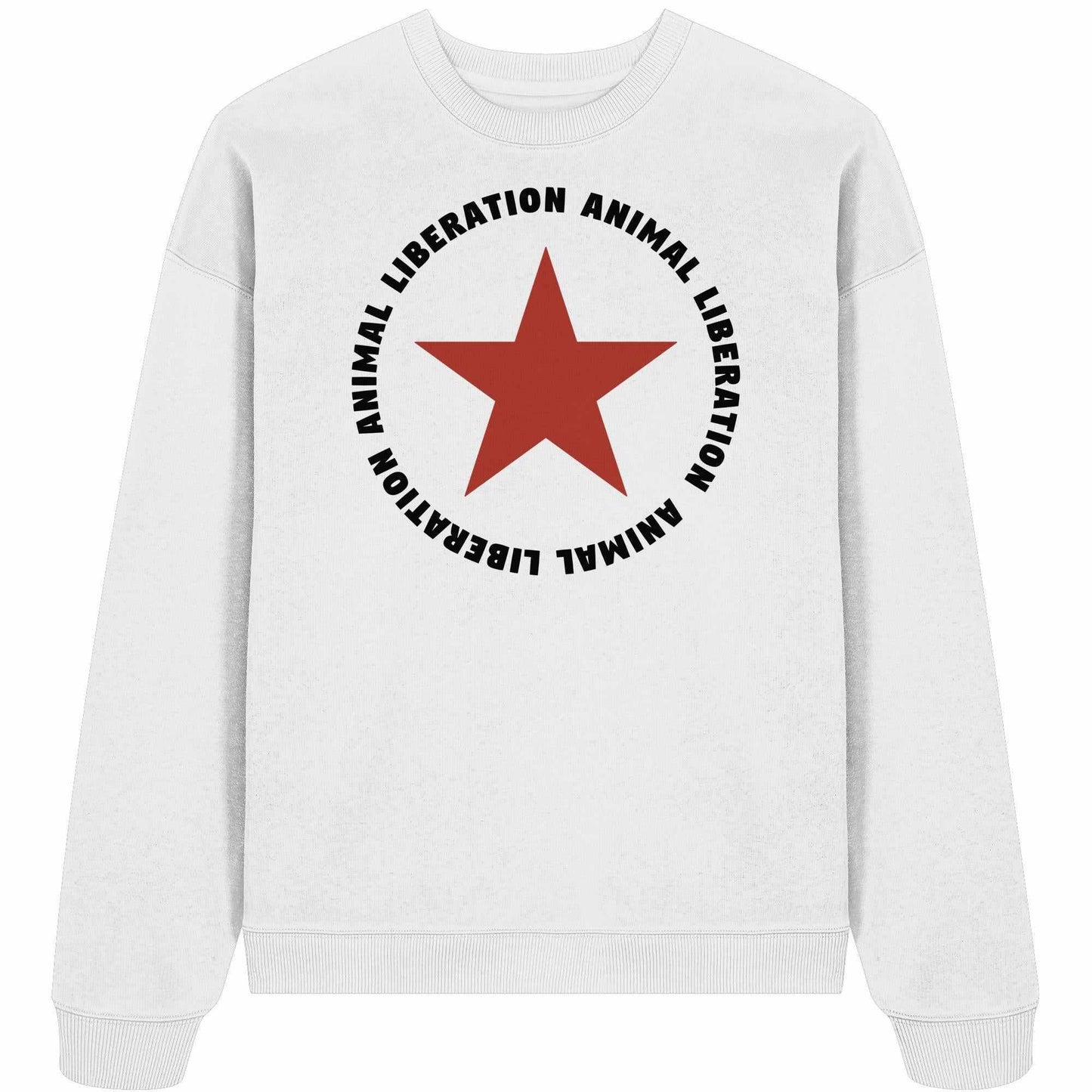 Veganes und bio Oversized Sweatshirt mit rotem Stern und schwarzem Text, aus 100% Bio-Baumwolle, zeigt rebellisches Design für Tierrechte.