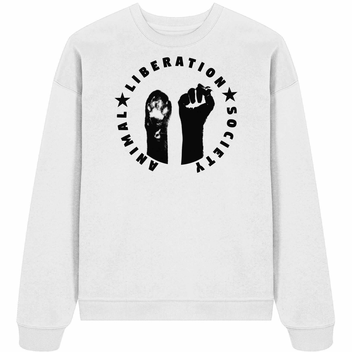 Vegan und Bio Oversized Sweatshirt mit schwarzem Pfote und Faust Motiv für Tierrechte, aus 100% Bio-Baumwolle, rebellisches Design von RUDE REBEL.