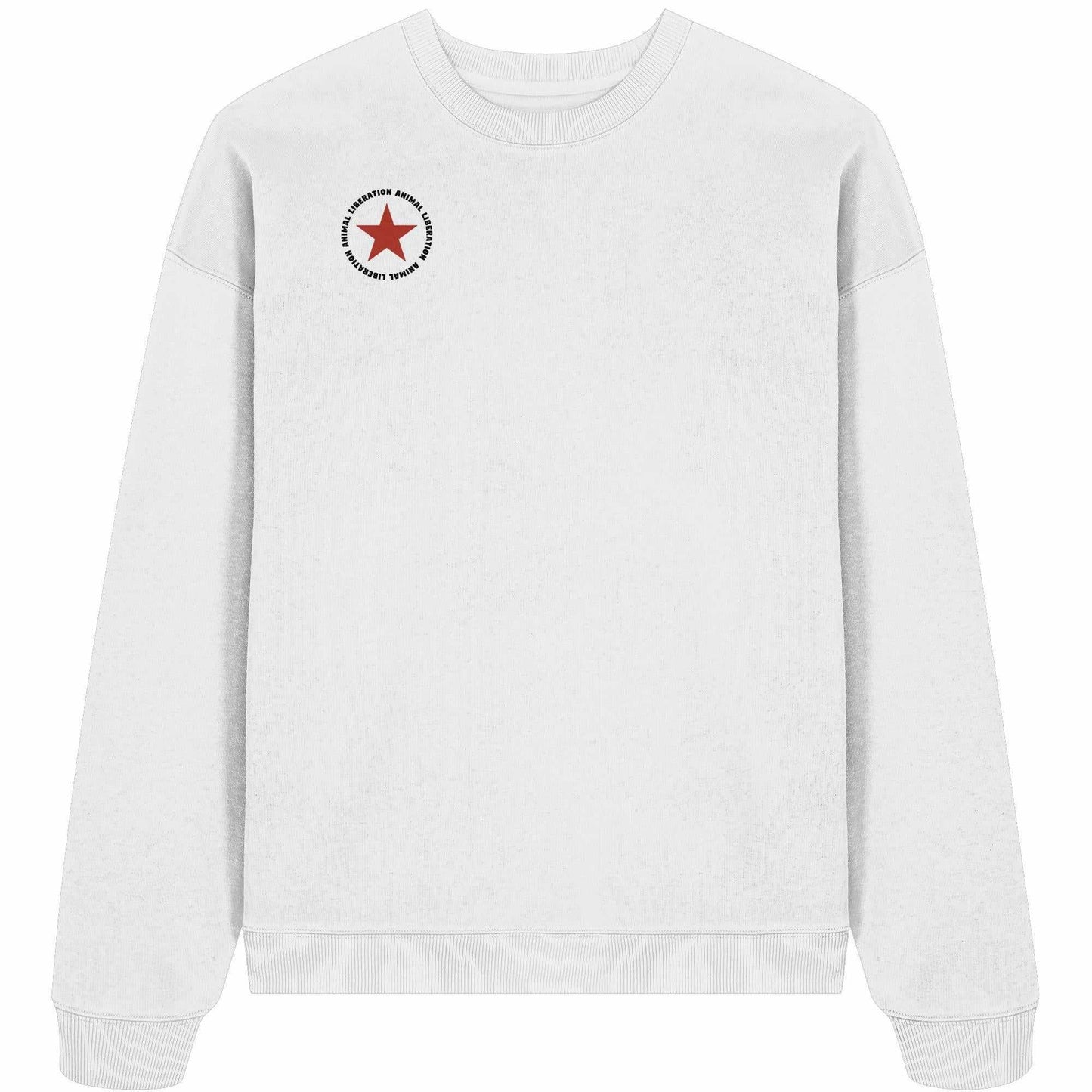Vegan und Bio Oversized Sweatshirt: Red Star - Animal Liberation, weiß mit rotem Stern, aus 100% Bio-Baumwolle, Oversized Fit, 350 g/m², von RUDE REBEL.