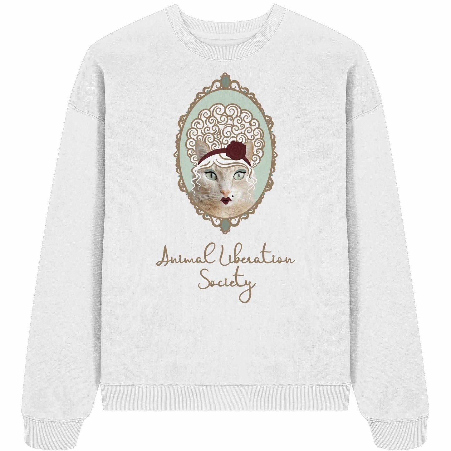 Vegan und Bio Oversized Sweatshirt: Miss Cat - Animal Liberation Society mit Katzenmotiv und Rosen, aus 100% Bio-Baumwolle, rebellisches Design von RUDE REBEL.