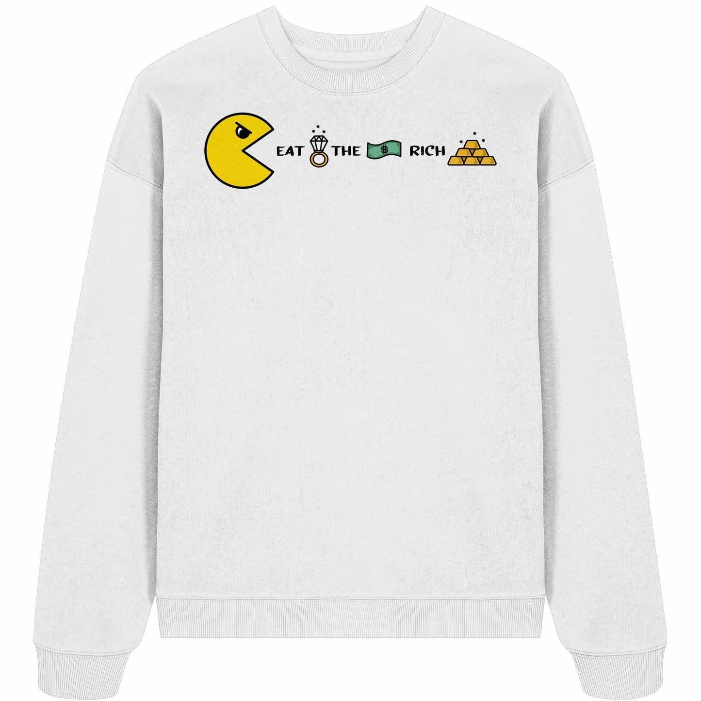 Vegan und Bio Oversized Sweatshirt: PAC-MAN - Eat the rich, weiß mit gelbem Pacman und Pyramidenmotiv, aus 100% Bio-Baumwolle, rebellisches Design.