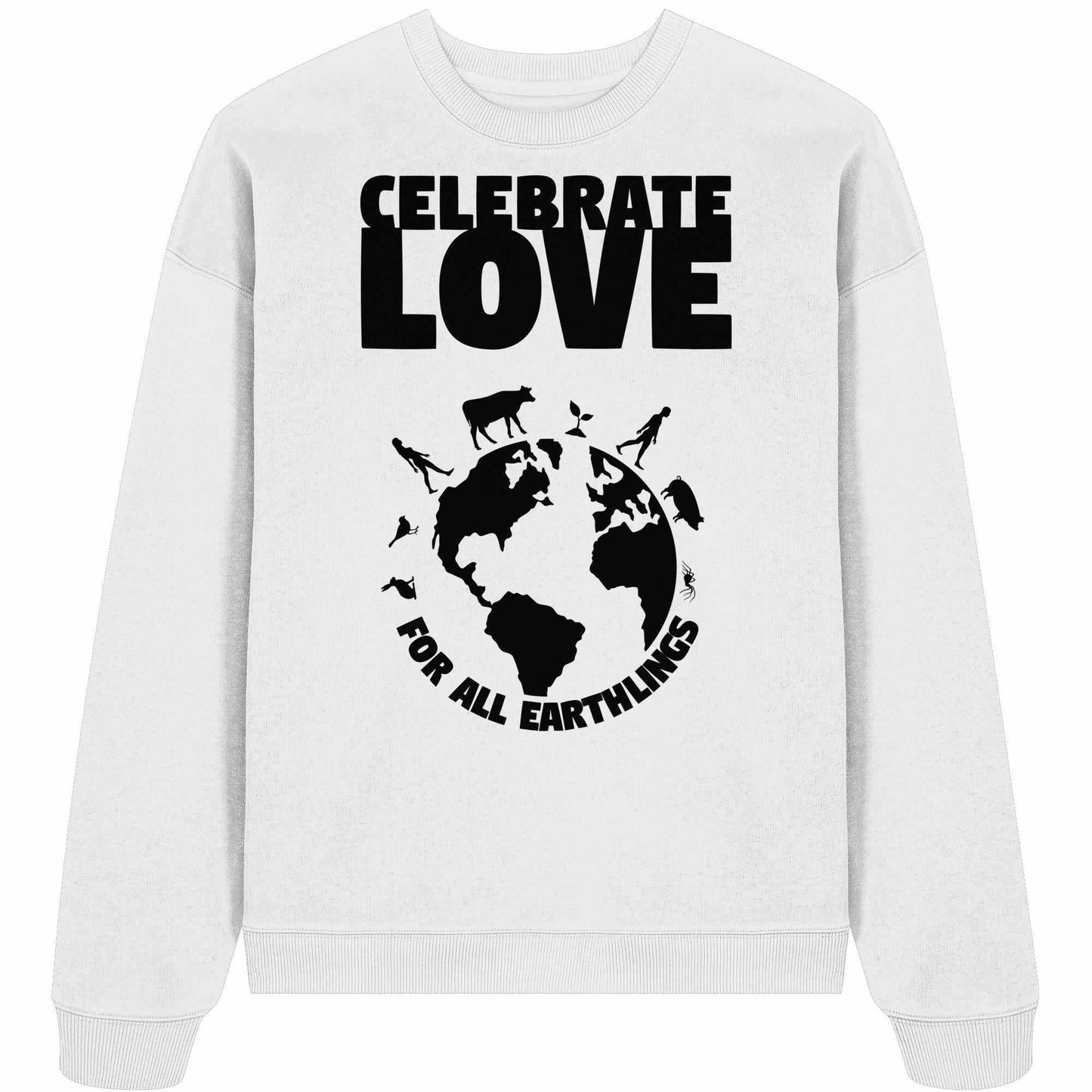 Vegan und Bio Oversized Sweatshirt mit grafischem Druck, der Veganismus und Gleichheit feiert. Enthält Silhouetten und Kartenmotive. Hergestellt aus Bio-Baumwolle.