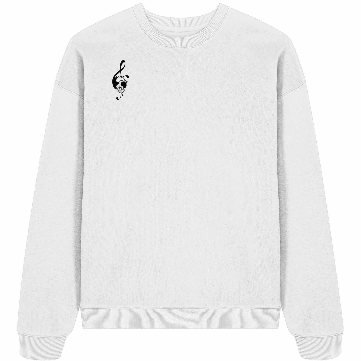 Vegan und Bio Oversized Sweatshirt: Music Heart mit schwarzem Logo und musikalischem Symbol, aus 100% Bio-Baumwolle, rebellisches Design von RUDE REBEL.