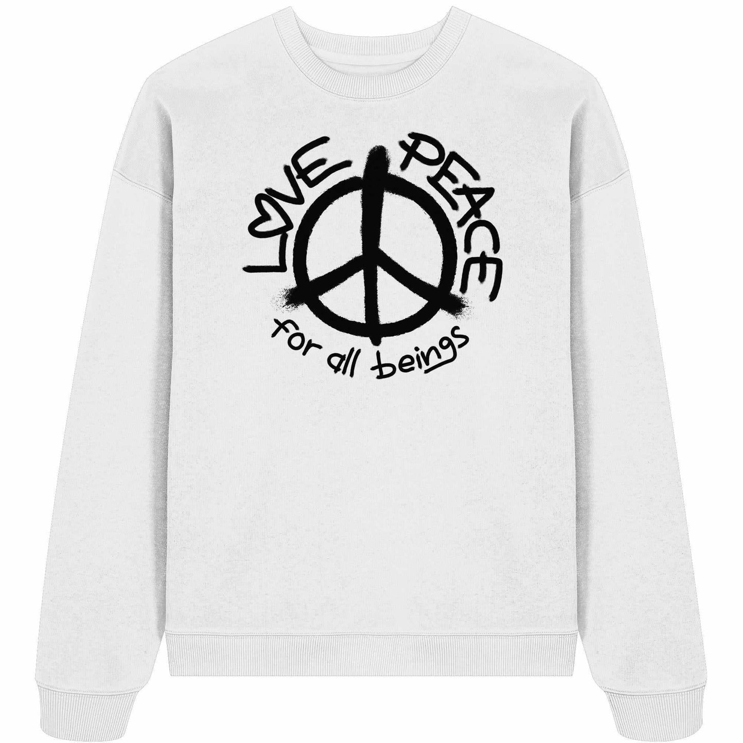 Vegan und Bio Oversized Sweatshirt mit Peace-Zeichen, gefertigt aus 100% Bio-Baumwolle, verkörpert eine friedliche Botschaft für alle Lebewesen.
