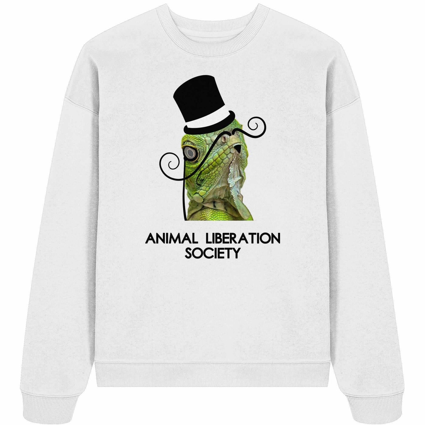 Vegan und Bio Oversized Sweatshirt: Sir Reptile - Animal Liberation Society, zeigt einen eleganten Lizard mit Hut und Schnurrbart, aus 100% Bio-Baumwolle.