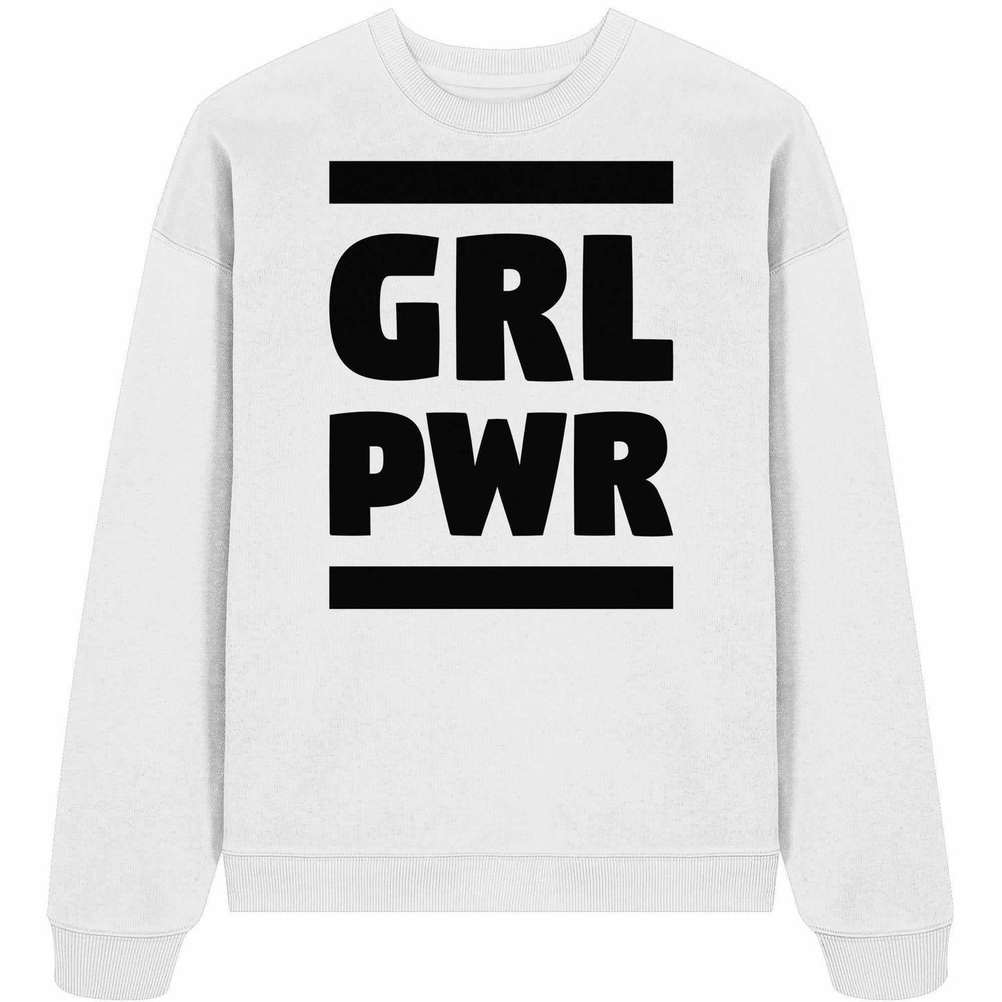 Vegan und Bio Oversized Sweatshirt: GIRL POWER - Weißes Sweatshirt mit schwarzem feministischen Text, aus 100% Bio-Baumwolle, im lässigen Oversized-Schnitt mit Rippstrickdetails.
