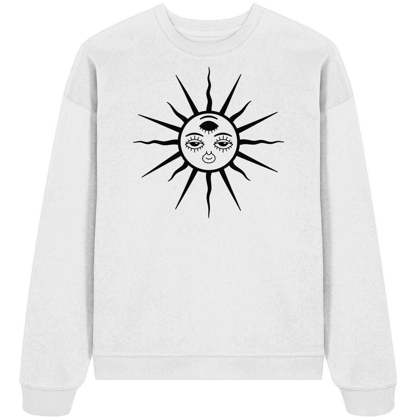 Vegan und Bio Oversized Sweatshirt mit Sonnen- und Dritte-Auge-Motiv, aus 100% Bio-Baumwolle, ideal für Goa Raves, entworfen von RUDE REBEL.