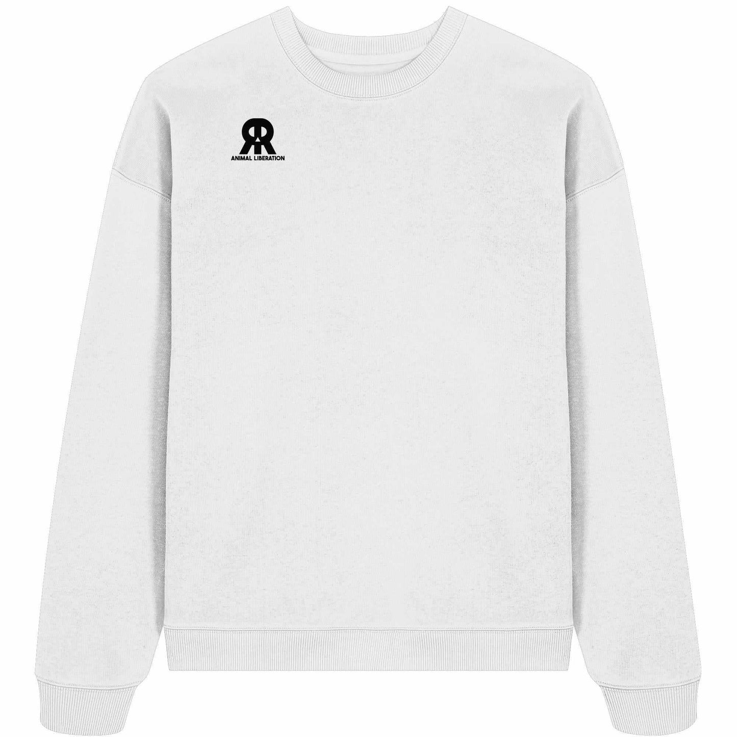 Vegan und Bio Oversized Sweatshirt: RUDE REBEL Skull - Animal Liberation, weißer Pullover mit schwarzem Logo, Totenkopf-Design, aus 100% Bio-Baumwolle, oversized Schnitt.