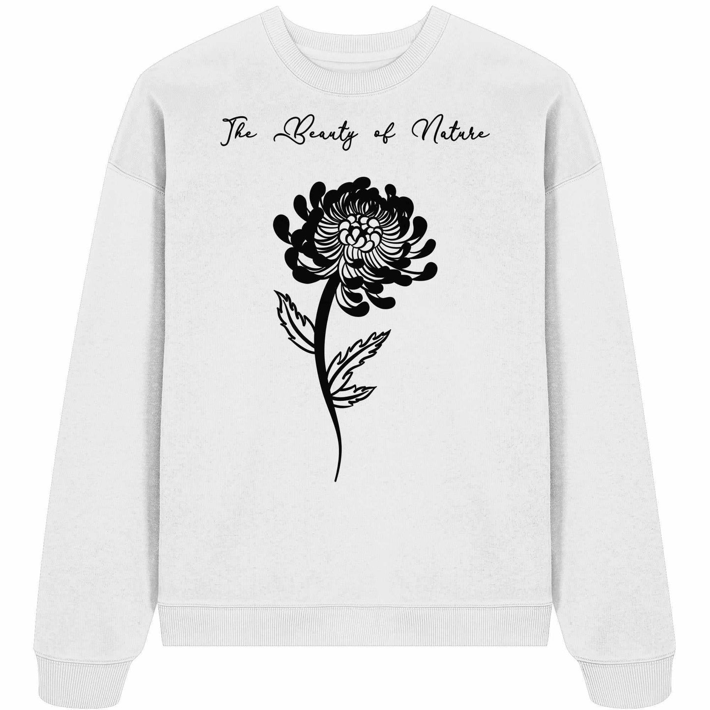 Vegan und Bio Oversized Sweatshirt: Chrysantheme, weißer Pullover mit schwarzem Blumenmuster, aus 100% Bio-Baumwolle, rebellisches Design von RUDE REBEL, ideal für Naturschutzliebhaber.