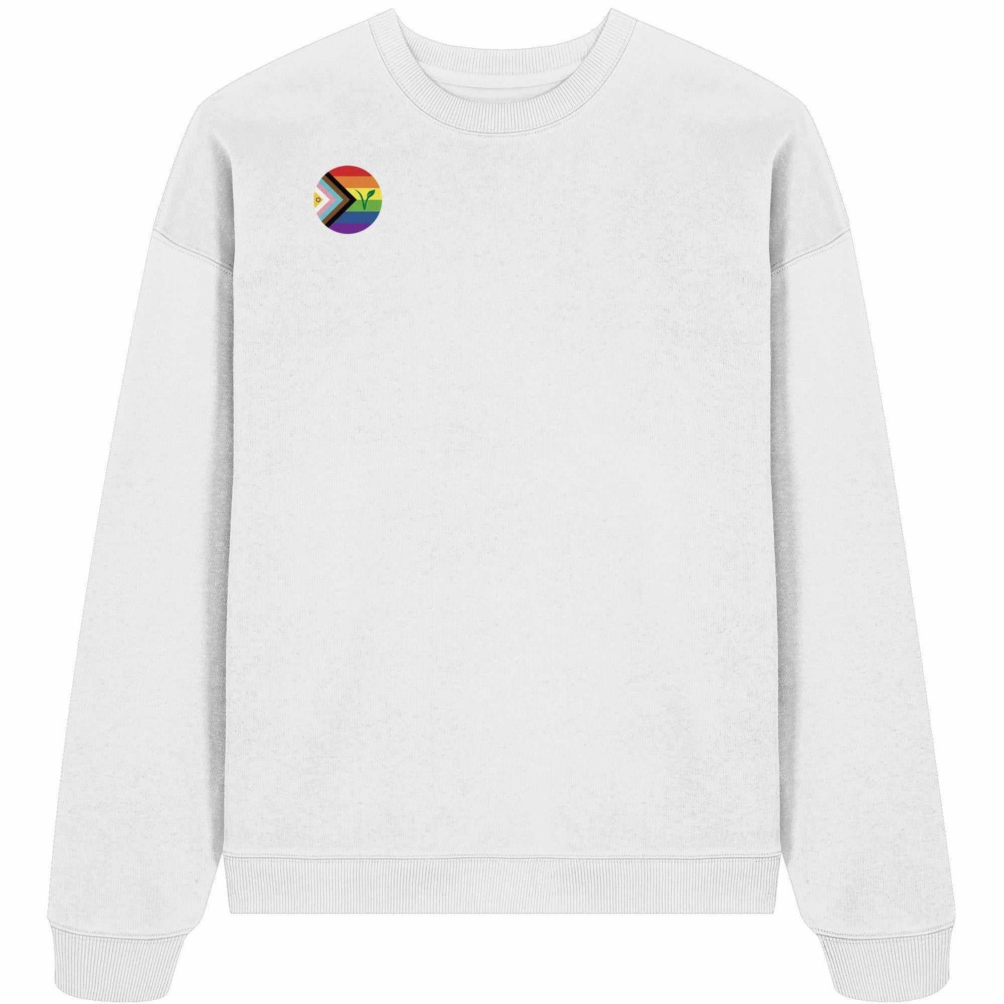 Vegan und Bio Oversized Sweatshirt: LGBTQIA+ VEGAN mit Regenbogenlogo und grünem Blatt auf weißem Hintergrund, aus 100% Bio-Baumwolle von RUDE REBEL.