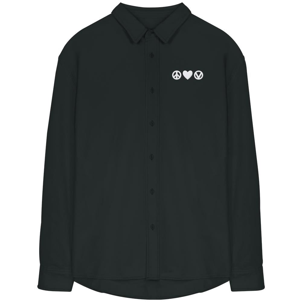 Schwarzes, langärmliges Hemd mit Peace - Love - Veganism Stickerei auf der Brust, aus 100% Bio-Baumwolle, entspannter Schnitt, von RUDE REBEL.