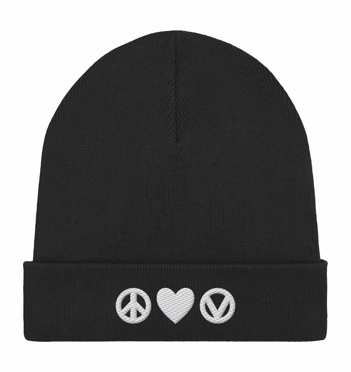 Vegan und Bio Mütze: Love - Peace - Veganism in schwarz mit weißem Peace- und Herzsymbol, aus Bio-Baumwolle und recyceltem Polyester, doppellagig und mit Umschlag.