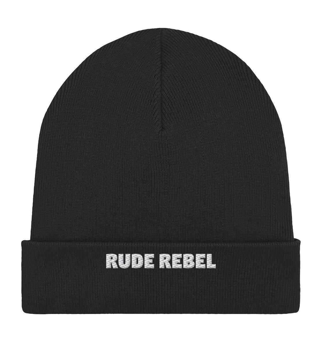 Vegan und Bio Mütze von Rude Rebel, schwarze Beanie mit weißem Text, aus Bio-Baumwolle und recyceltem Polyester, ideal für vegane und nachhaltige Mode.