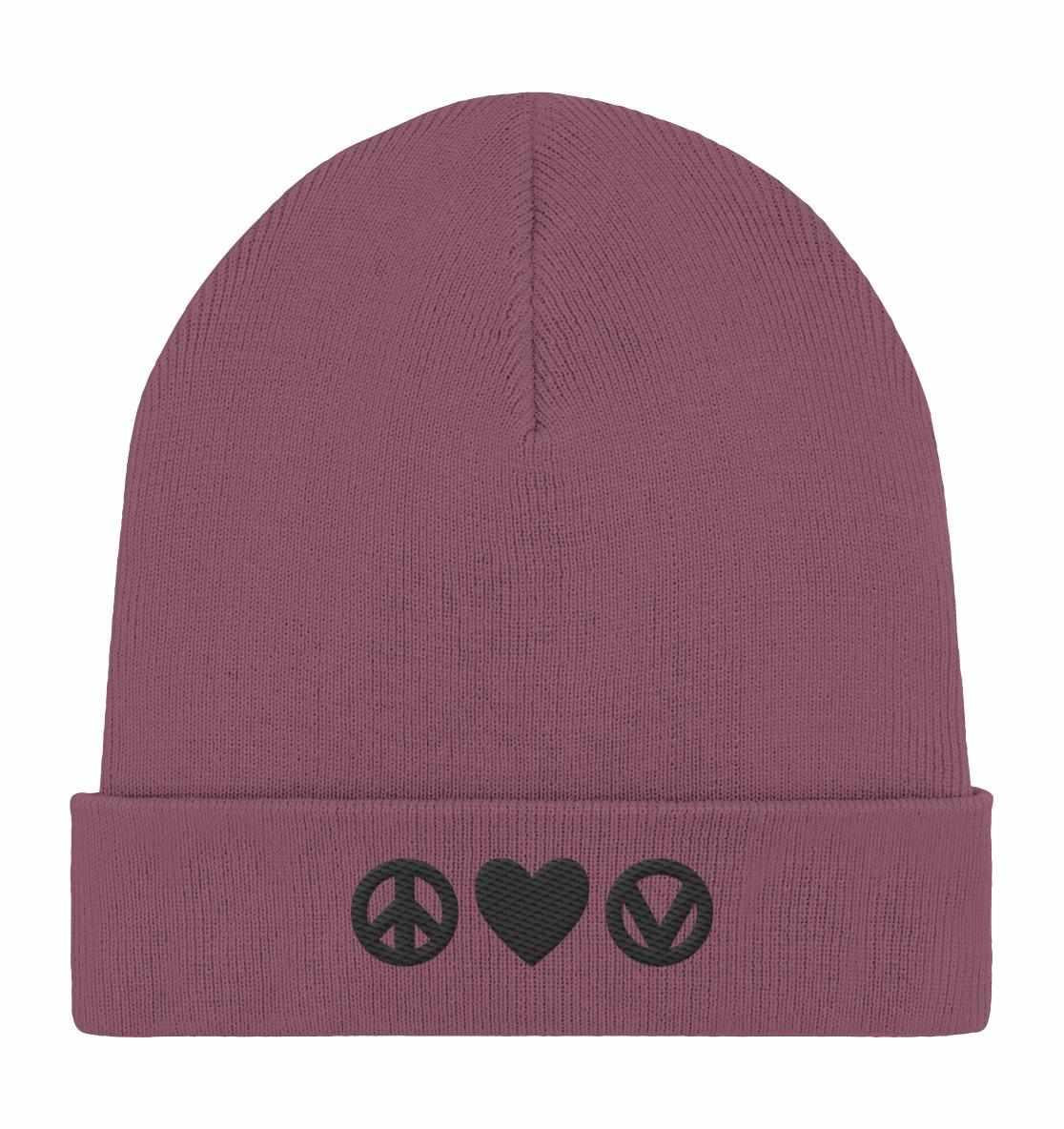 Vegan und Bio Mütze: Peace - Love - Veganism, mit Peace- und Herz-Symbolen, aus Bio-Baumwolle und recyceltem Polyester, doppellagig und mit Umschlag.