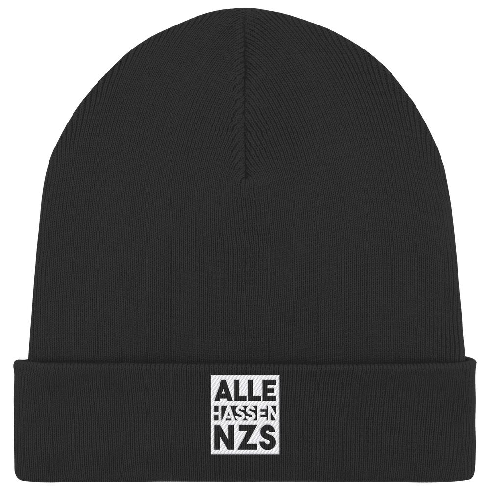 Vegan und Bio Mütze: ALLE HASSEN NAZS! Schwarze Strickmütze mit weißem Patch, rebellisches Design. Hergestellt aus Bio-Baumwolle und recyceltem Polyester, doppellagig, mit Umschlag.