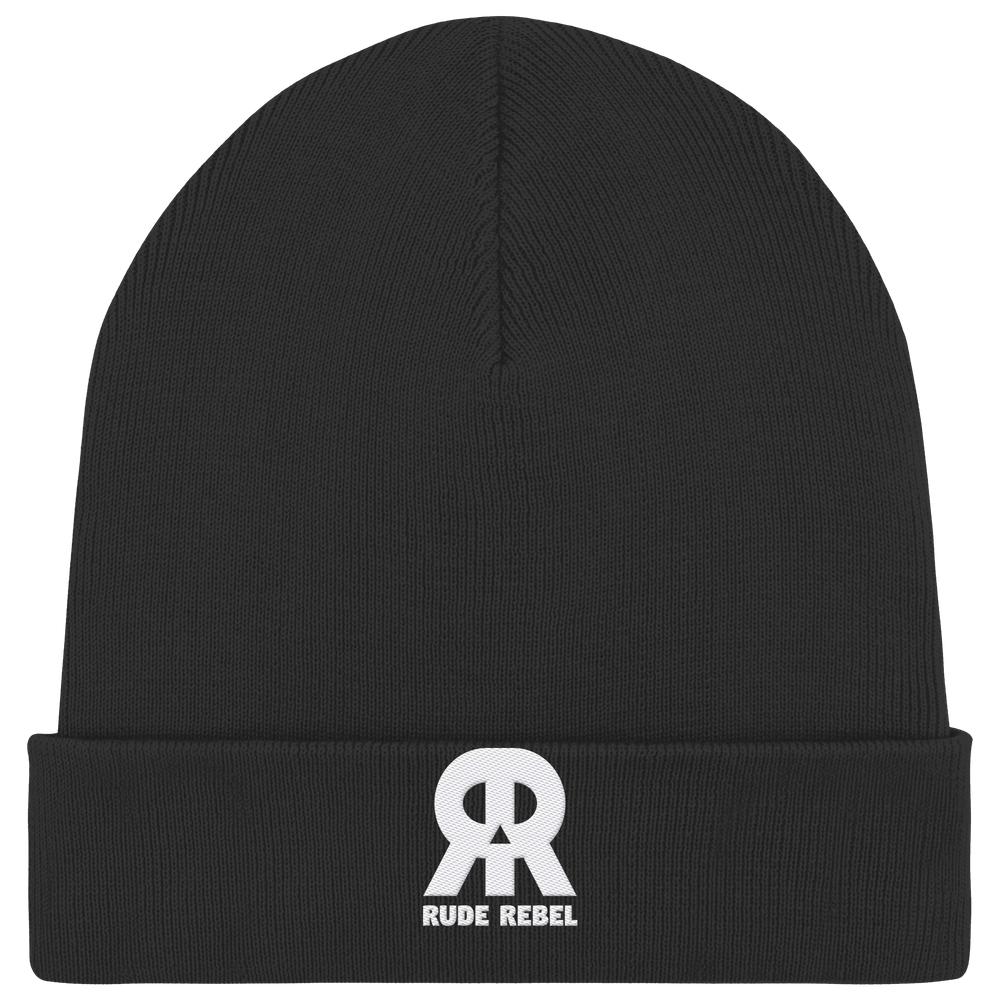 Vegan und Bio Mütze: RUDE REBEL Skull, schwarze Strickmütze mit umgeschlagenem Bund und weißem RR Logo über RUDE REBEL, aus Bio-Baumwolle und recyceltem Polyester.