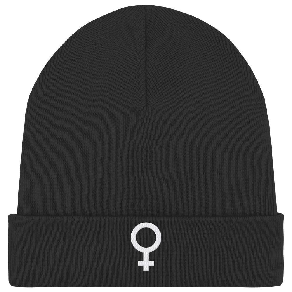 Schwarze, vegane Bio-Mütze mit Venussymbol auf dem Umschlag, symbolisiert den feministischen Kampf für Gleichberechtigung; hergestellt aus Bio-Baumwolle und recyceltem Polyester.