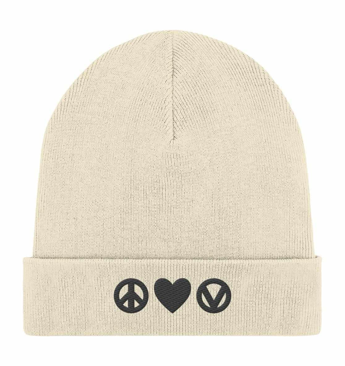 Vegan und Bio Mütze: Peace - Love - Veganism, weiße Beanie mit Peace-Symbol und Herz, aus Bio-Baumwolle und recyceltem Polyester, doppellagig.