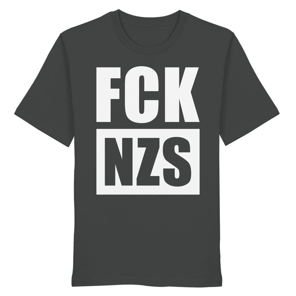 Vegan und Bio Unisex Shirt: FCK NZS, dunkles T-Shirt mit weißem Slogan gegen Nazis, 100 % Biobaumwolle, normale Passform, von RUDE REBEL.