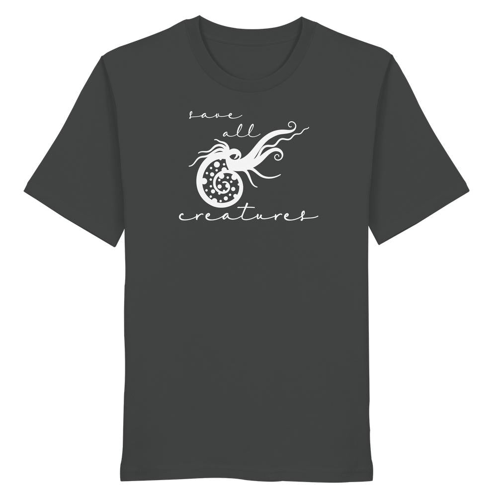 Vegan und Bio Unisex Shirt: Save All Creatures, mit stilisiertem Schneckengehäuse-Design und dem Slogan, der Tier- und Naturschutz thematisiert. Hergestellt aus 100% Bio-Baumwolle.