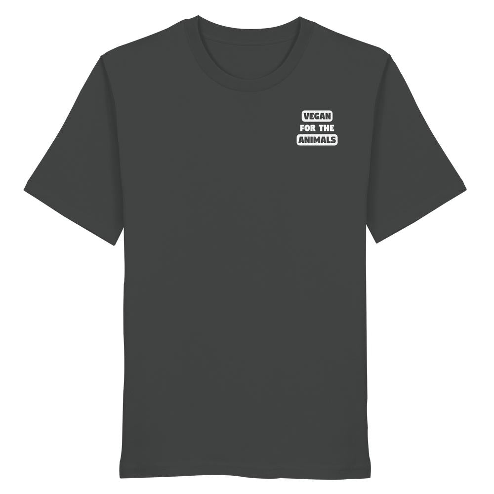 Charcoal-graues T-Shirt mit VEGAN FOR THE ANIMALS Slogan auf der Brust. Hergestellt aus 100% Bio-Baumwolle, repräsentiert vegane und nachhaltige Mode von RUDE REBEL.