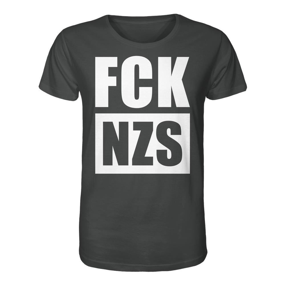 Vegan und Bio Unisex Shirt: FCK NZS mit weißem Slogan auf der Vorderseite, aus 100 % Bio-Baumwolle, normale Passform, von RUDE REBEL.