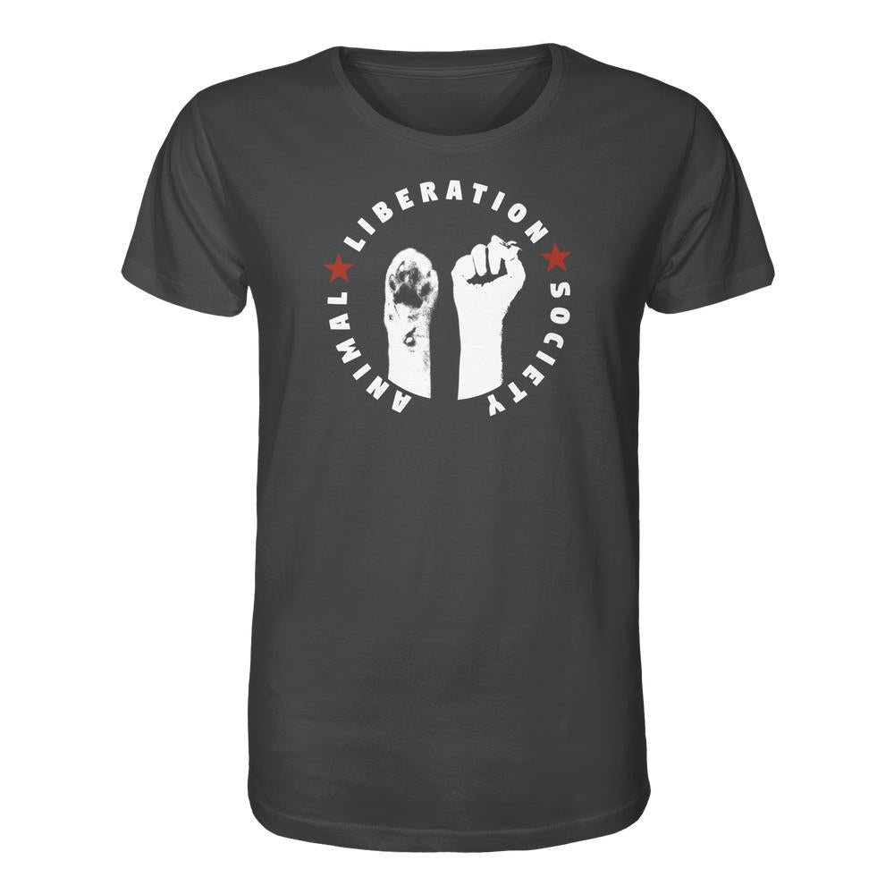 Vegan und Bio Unisex Shirt: Raise paw and fist for Animal Liberation! Dunkles T-Shirt mit weißem Emblem, Pfote und Faust, symbolisiert Tierrechte. 100% Bio-Baumwolle.