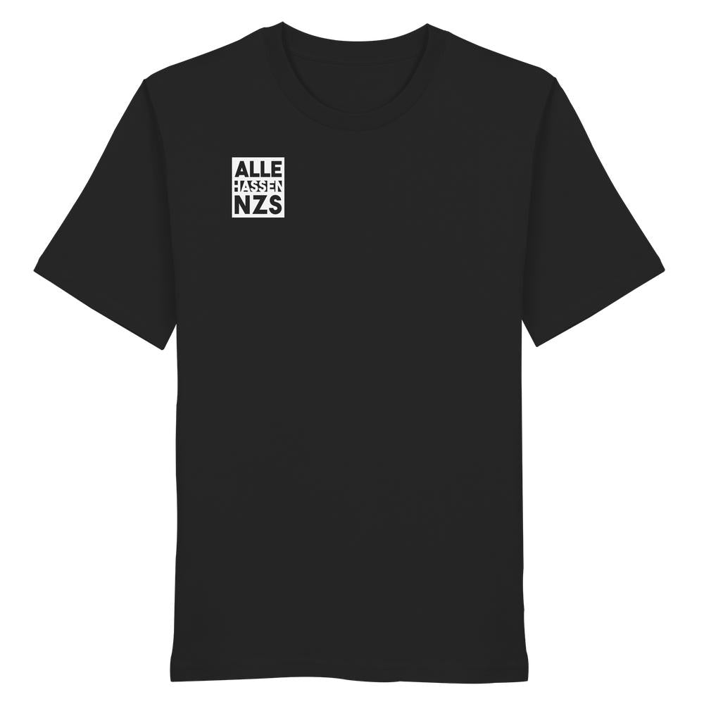 Unisex Bio-Shirt mit kleinem weißen Grafikdruck ALLE HASSEN NZS! auf schwarzem Hintergrund. Hergestellt aus 100% Bio-Baumwolle, normale Passform. Veganes, rebellisches Design von RUDE REBEL.