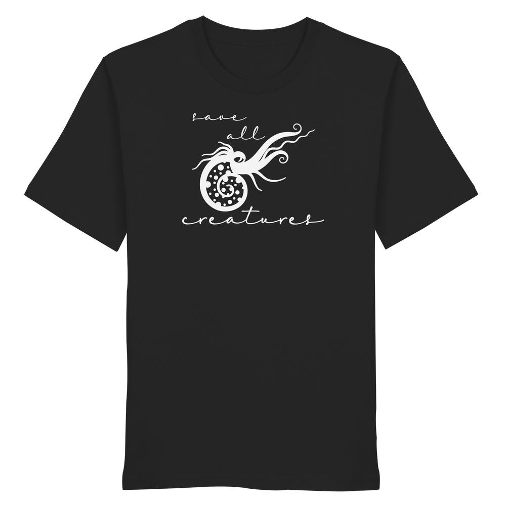 Vegan und Bio Unisex Shirt: Save All Creatures, schwarzes T-Shirt mit weißem Nautilus-Design und Schriftzug, 100% Bio-Baumwolle, normaler Schnitt, von RUDE REBEL.