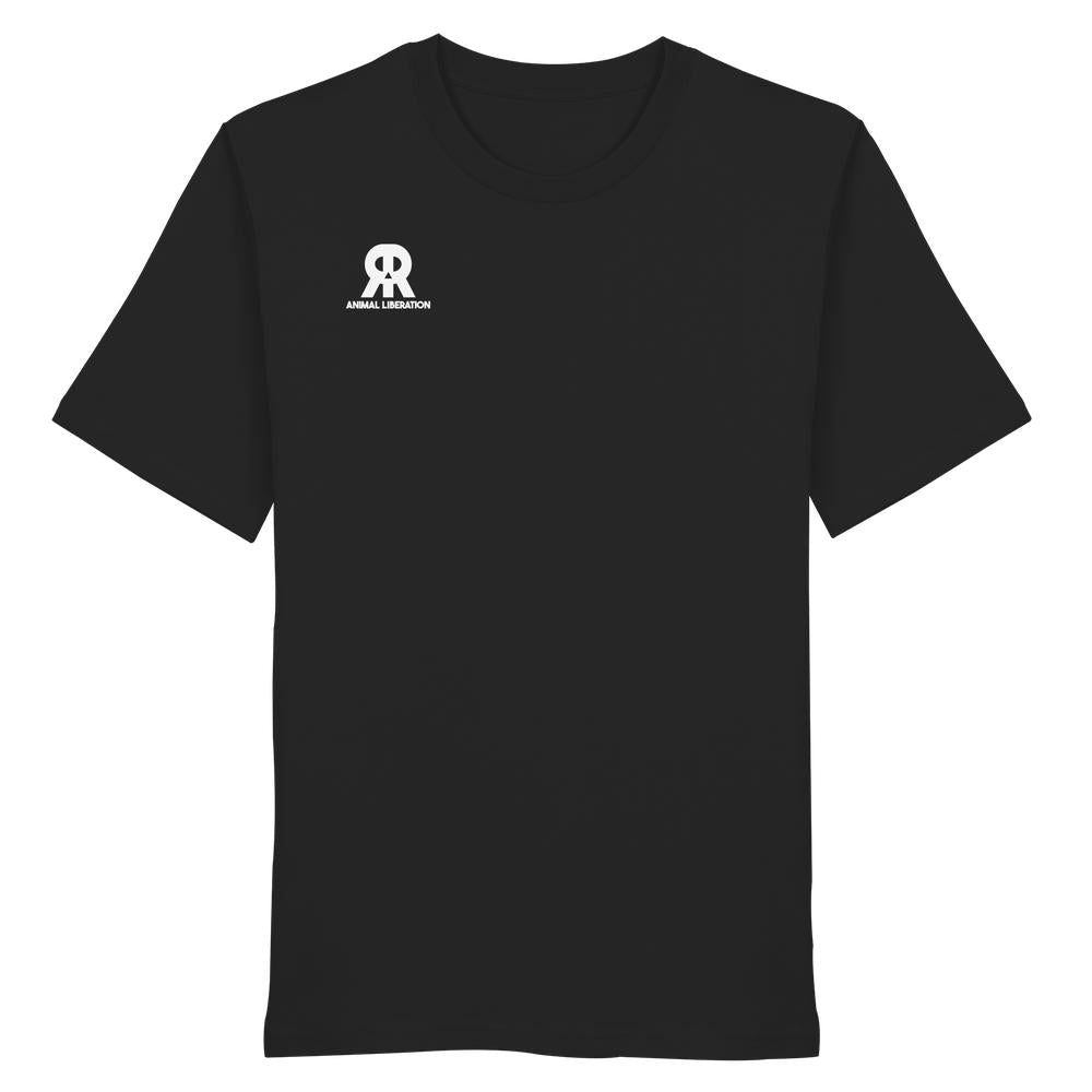 Vegan und Bio Unisex Shirt: RUDE REBEL Skull - Animal Liberation, schwarzes T-Shirt mit AR-Logo und ANIMAL LIBERATION-Schriftzug, aus 100% Bio-Baumwolle, rebellisches Design.