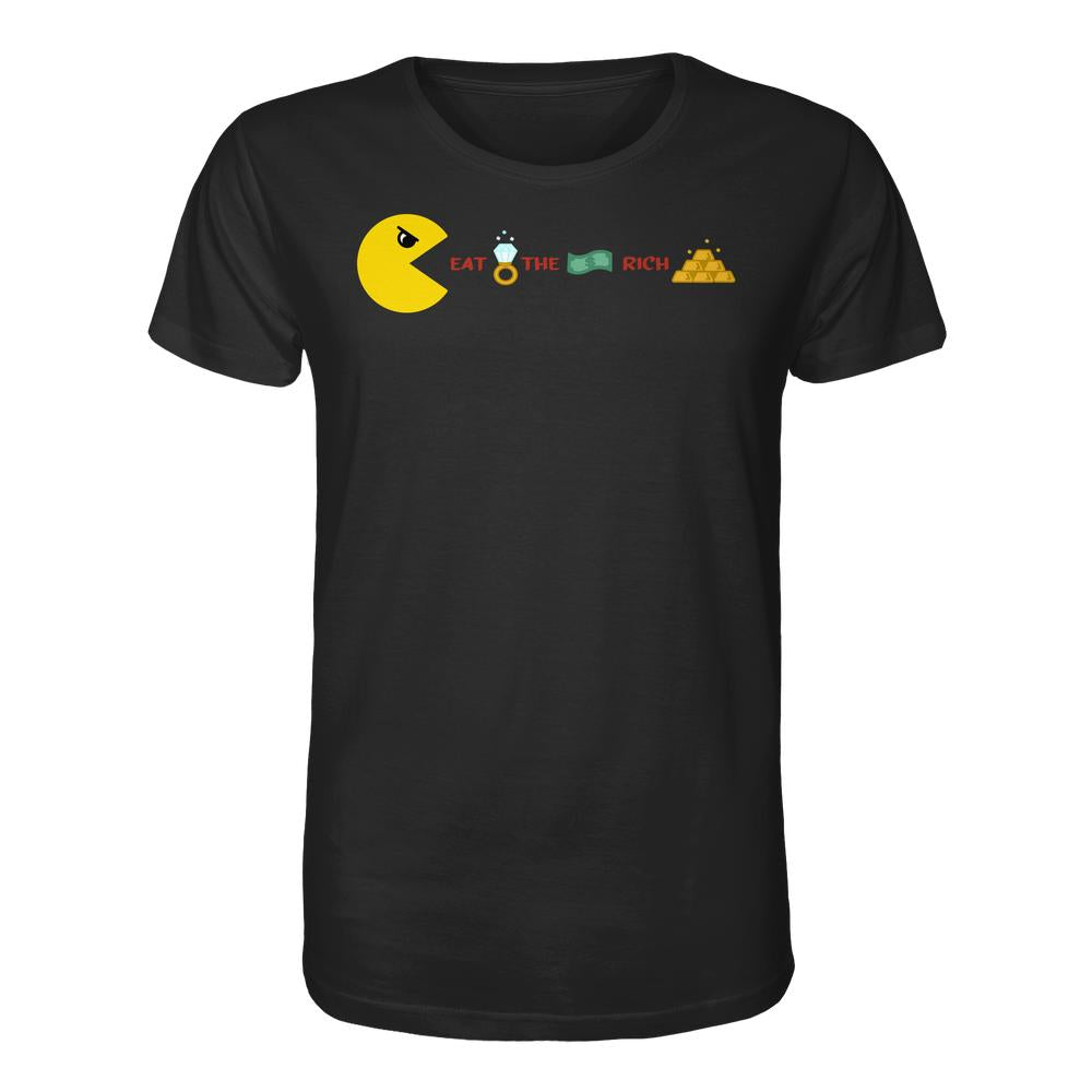 Vegan und Bio Unisex Shirt: PAC-MAN - Eat the rich, schwarzes T-Shirt mit Pac-Man-Motiv und kritischem Statement über Wohlstandsverteilung, aus 100% Bio-Baumwolle.