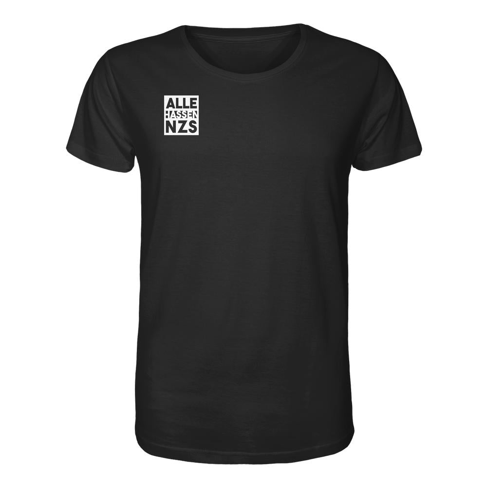 Vegan und Bio Unisex Shirt: ALLE HASSEN NZS! Schwarzes T-Shirt mit weißem Quadrat und schwarzem Text auf der Brust, aus 100 % Bio-Baumwolle, normale Passform.