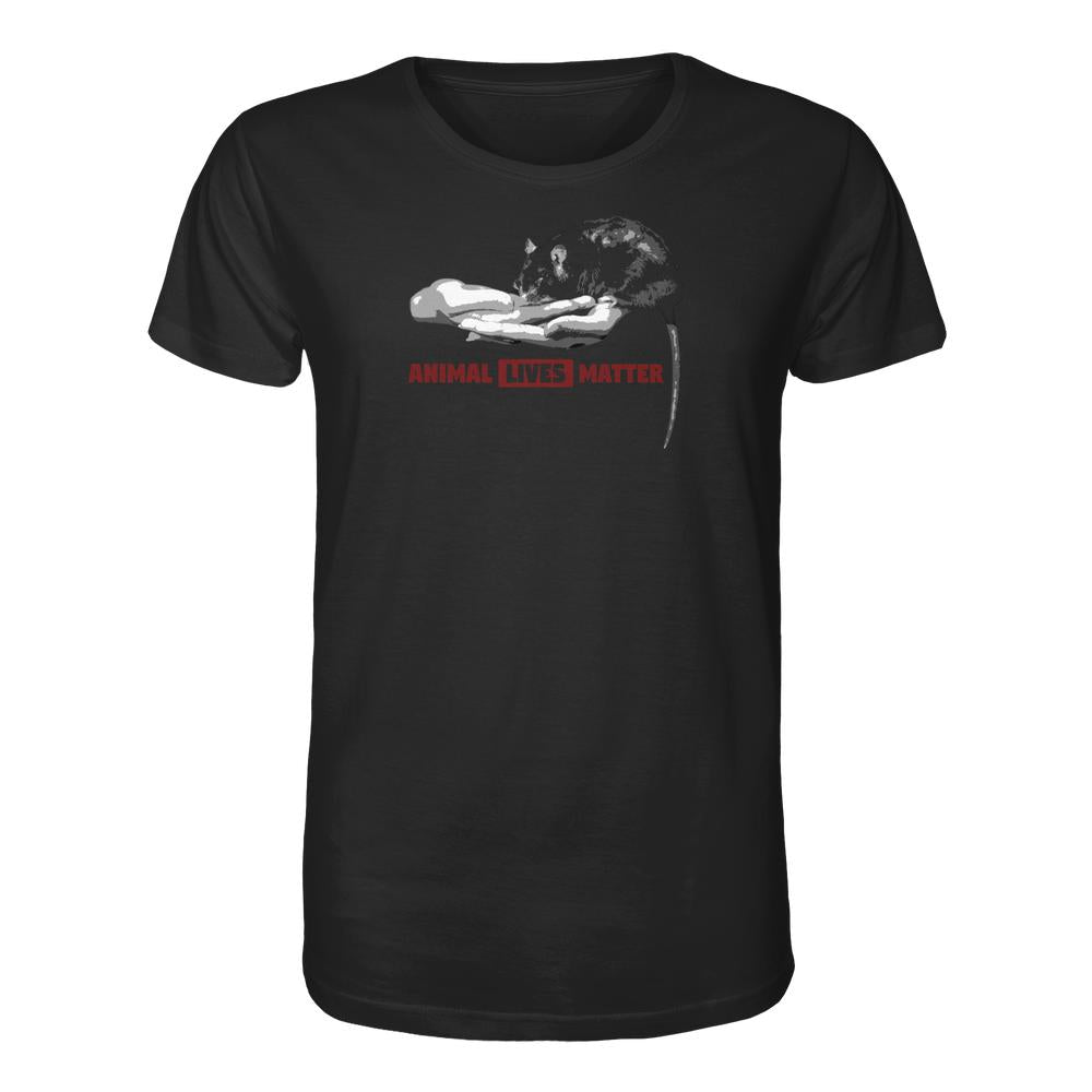 Schwarzes T-Shirt mit Grafik einer ausgestreckten Hand, die eine Ratte hält, und dem roten Schriftzug „ANIMAL LIVES MATTER“. Vegan und Bio Unisex Shirt von RUDE REBEL.