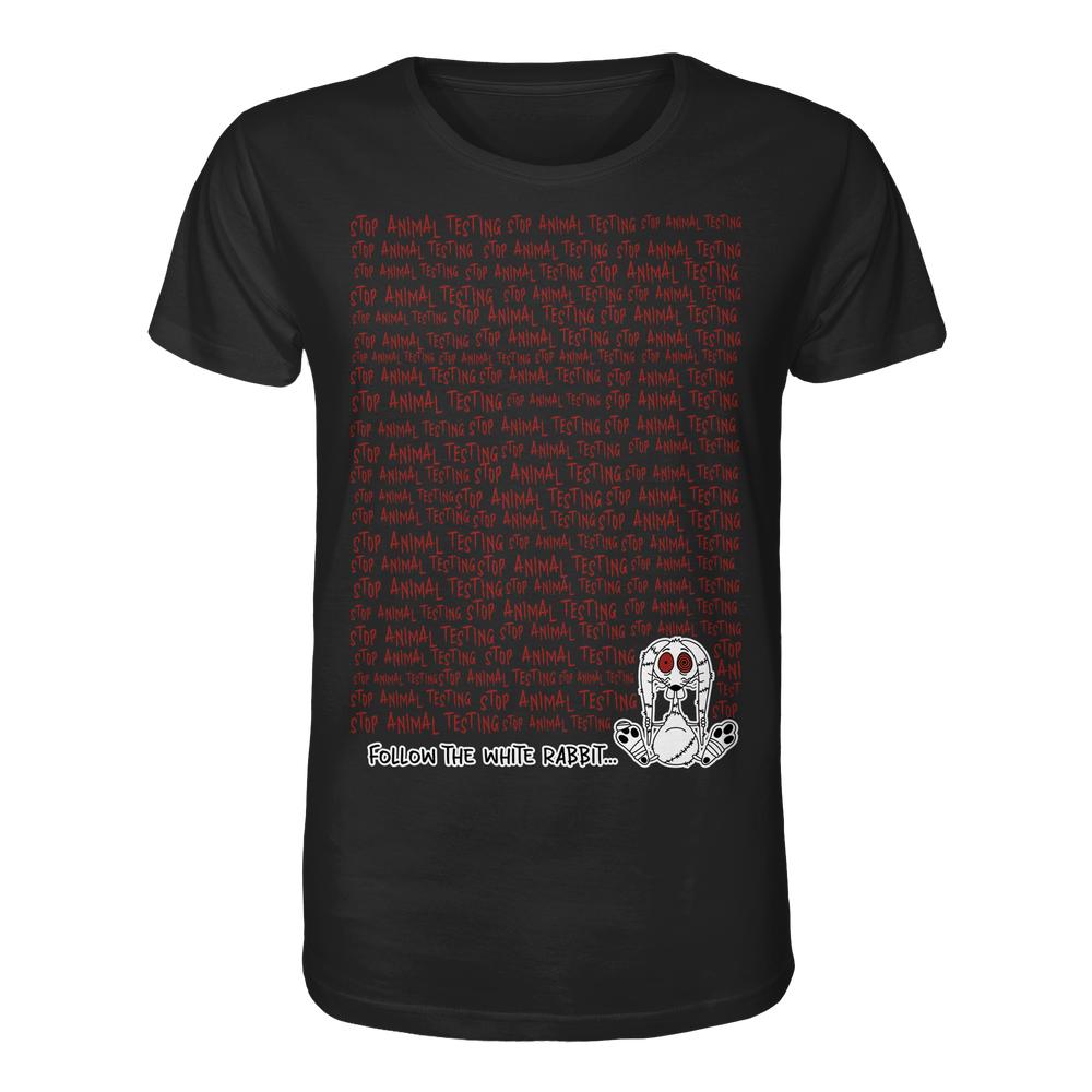 Vegan und Bio Unisex Shirt: Follow the white rabbit and stop animal testing! Schwarzes T-Shirt mit „STOP ANIMAL TESTING“ Text und kleinem Cartoon-Hasen.
