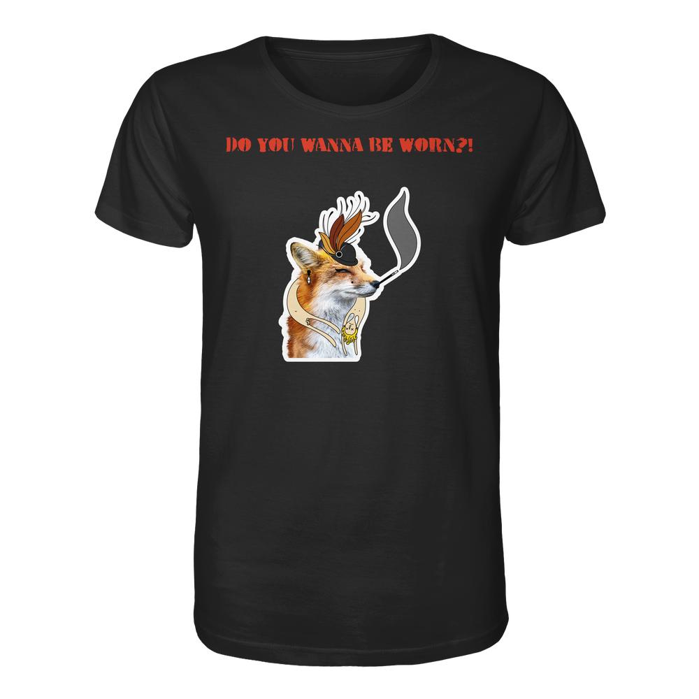 Vegan und Bio Unisex Shirt: Mrs. Fox demonstriert gegen Pelz! Schwarzes T-Shirt mit stilisiertem Fuchsmotiv, das surrealistische Accessoires und provokanten Slogan zeigt.