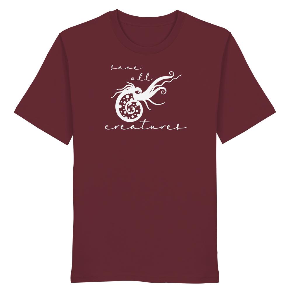 Vegan und Bio Unisex Shirt: Save All Creatures, mit maritimem Design eines stilisierten Nautilus-Oktopus-Hybrids, 100 % Bio-Baumwolle, normale Passform, von RUDE REBEL.