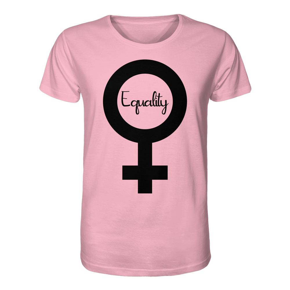 Unisex-Shirt aus Bio-Baumwolle mit großem schwarzen Venus-Symbol und Equality in Schreibschrift. Verkörpert feministische Werte und Gleichberechtigung, passend zum ethischen Ansatz von RUDE REBEL.