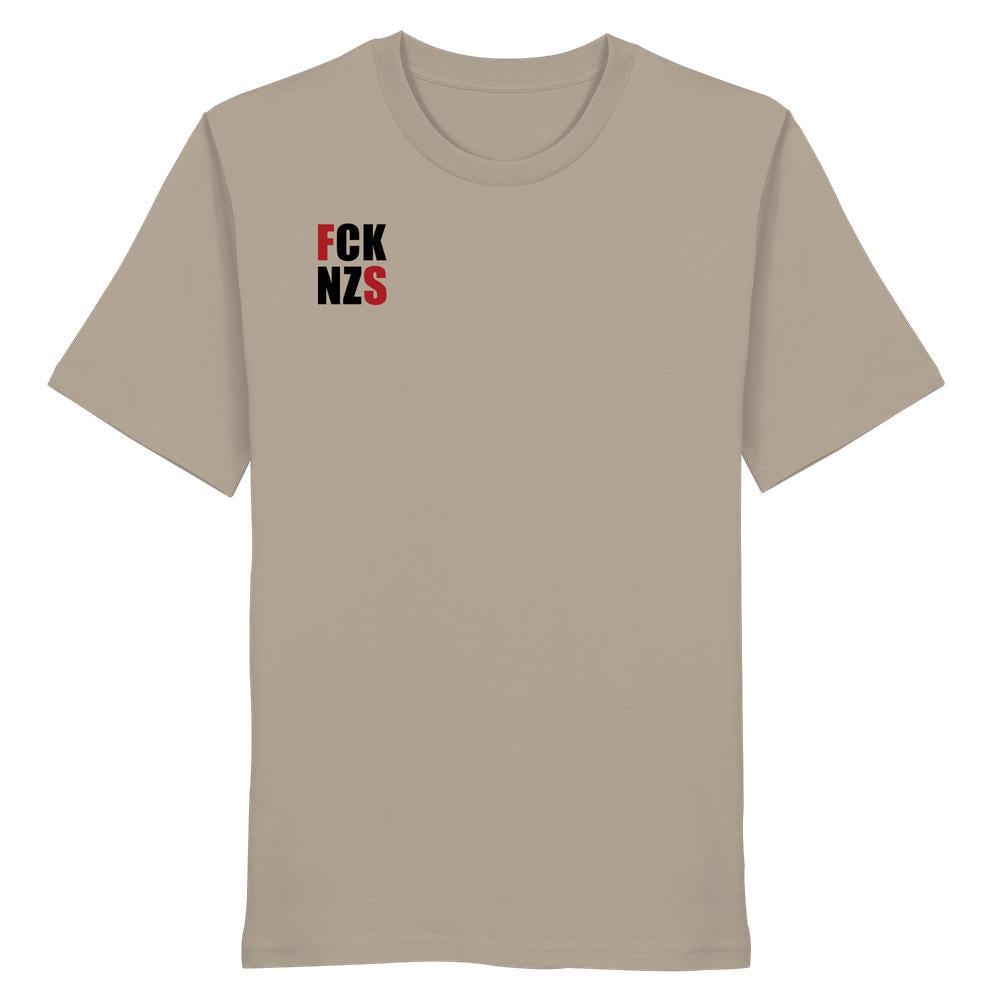 Vegan und Bio Unisex Shirt: FCK NZS mit roten Highlights, khakifarben, aus 100% Biobaumwolle, normale Passform, kurzer Ärmel, rebellisches Design von RUDE REBEL.