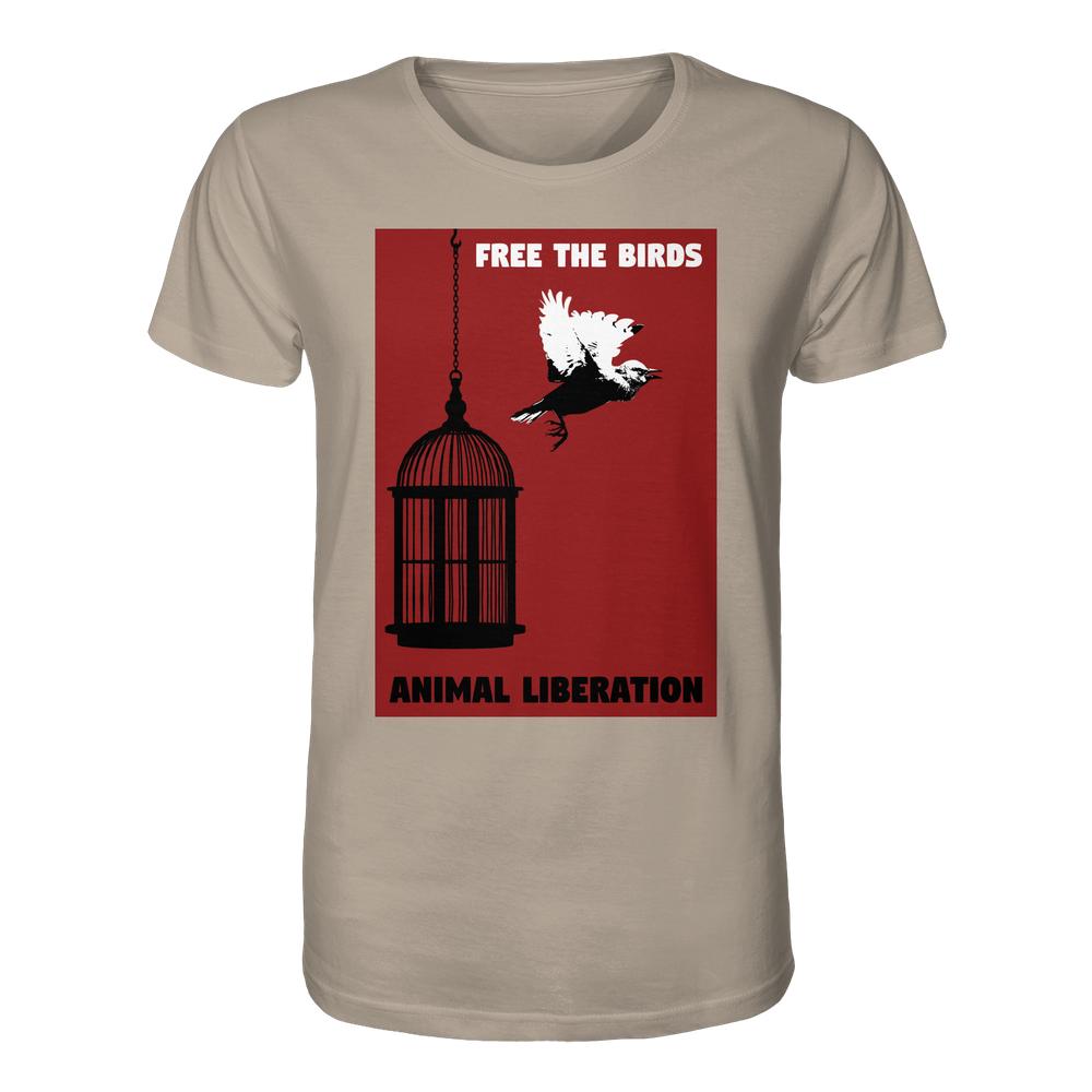 Vegan und Bio Unisex Shirt: Free the birds - Animal Liberation mit Vogelkäfig-Design und Freiheitsbotschaft, aus 100% Bio-Baumwolle, normaler Schnitt, von RUDE REBEL.