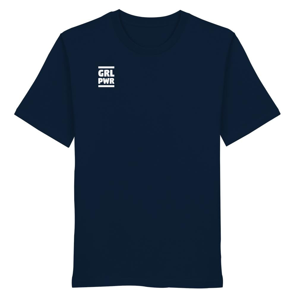 Veganes Bio Unisex Shirt GIRL POWER mit feministischer Message, schlichtes Design, tief marineblau, kurzer Ärmel, aus 100% Bio-Baumwolle, kleines weißes Grafik-Detail.