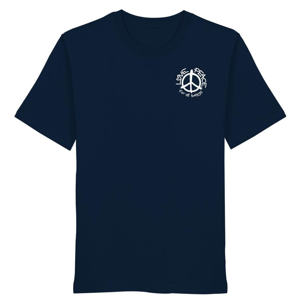 Vegan und Bio Unisex Shirt: LOVE and PEACE for all beings, navyblau, mit kleinem weißen Friedenssymbol und Schriftzug auf der Brust. Aus 100% Bio-Baumwolle.